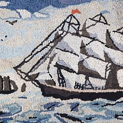 Antique Clipper Ship Hooked Rug Mounted on Board