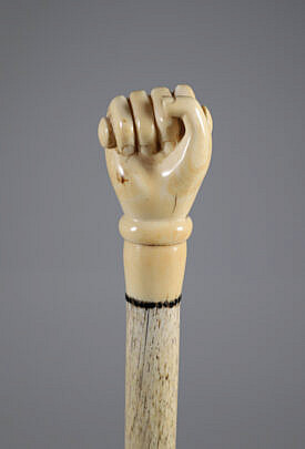 Whaler Made Clenched Fist Walking Stick, 19th Century, antique whale ivory clenched fist on a whalebone shaft