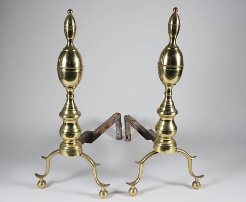 Pair of Brass Double Lemon Top Andirons, circa 1800