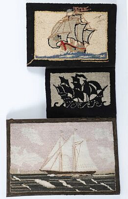 Three Antique Clipper Ship Hooked Rug Mounted on Boards