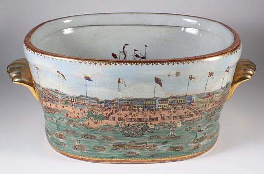 Chinese Export Style Porcelain Footbath, decorated with international trading hongs at canton
