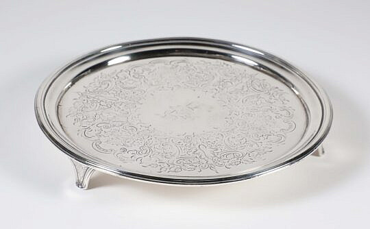 George III Sterling Silver Salver, London, 1805, circular engraved with elaborate wreath centering "D" monogram, on 3 tapered legs 10.6 Troy Ounces 
