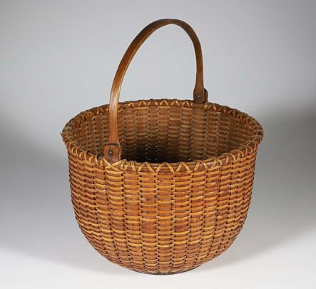 Round Open Swing Handle Nantucket Basket, Late 19th Century, wood ears, carved handle