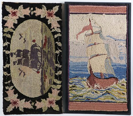 Two Antique Clipper Ship Hooked Rugs Mounted on Boards