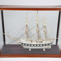 Carved Bone Three-Masted Ship Model in Case