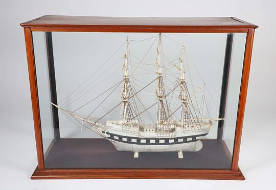 Carved Bone Three-Masted Ship Model in Case
