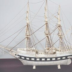 Carved Bone Three-Masted Ship Model in Case