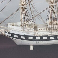 Carved Bone Three-Masted Ship Model in Case