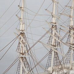 Carved Bone Three-Masted Ship Model in Case