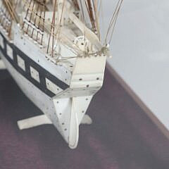 Carved Bone Three-Masted Ship Model in Case
