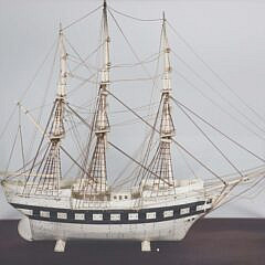 Carved Bone Three-Masted Ship Model in Case