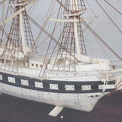 Carved Bone Three-Masted Ship Model in Case