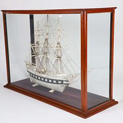 Carved Bone Three-Masted Ship Model in Case