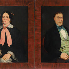 Pair of American Portraits of Woman and Gentleman Sitting with Their Pet Dogs