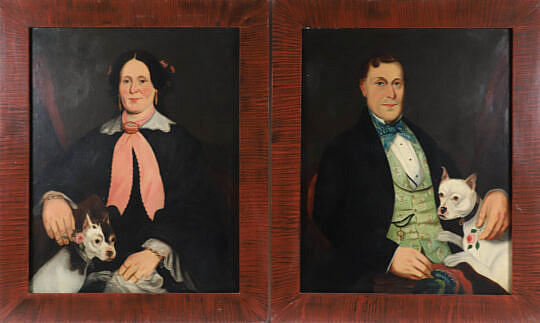 Pair of American Portraits of Woman and Gentleman Sitting with Their Pet Dogs