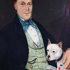Pair of American Oils on Canvas “Portraits of Woman and Gentleman with Their Pet Dogs”