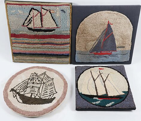 Four Antique Hooked Rugs Mounted on Boards Depicting 3 Schooners and a Clipper Ship