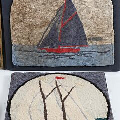 Four Antique Hooked Rugs Mounted on Boards Depicting 3 Schooners and a Clipper Ship