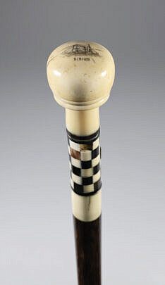 Whaler Made Scrimshaw Walking Stick "Ship Sirus", 19th Century, checkered inlaid wood shaft