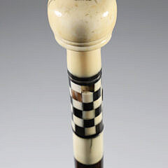 Whaler Made Scrimshaw Walking Stick "Ship Sirus", 19th Century, checkered inlaid wood shaft