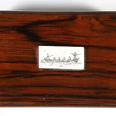 Tropical Wood Covered Box with Nancy Chase Scrimshaw Plaque of Whaling Vessel