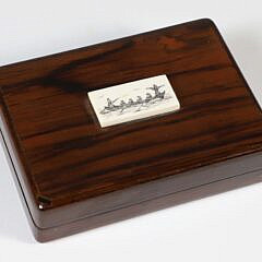 Tropical Wood Covered Box with Nancy Chase Scrimshaw Plaque of Whaling Vessel