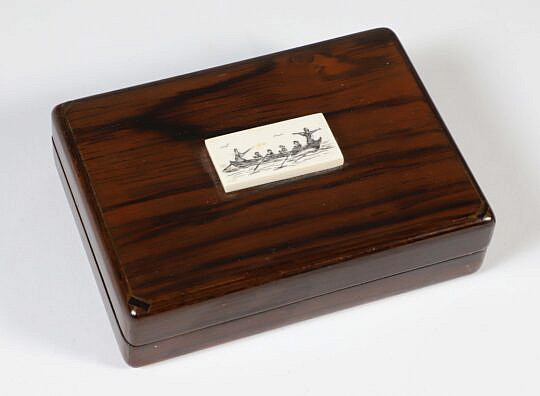Tropical Wood Covered Box with Nancy Chase Scrimshaw Plaque of Whaling Vessel