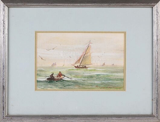 Wayne Morrell (1923-2013) Watercolor and Colored Pencil "Off Gloucester Waters", circa 1973, signed lower right W. Morrell and signed and titled on reverse, double matted in silver tone frame