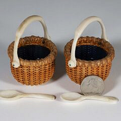 Pair of Paul Willer Nantucket Open Salts with Ivory Handles and Base, cobalt glass liners and spoons, signed Willer