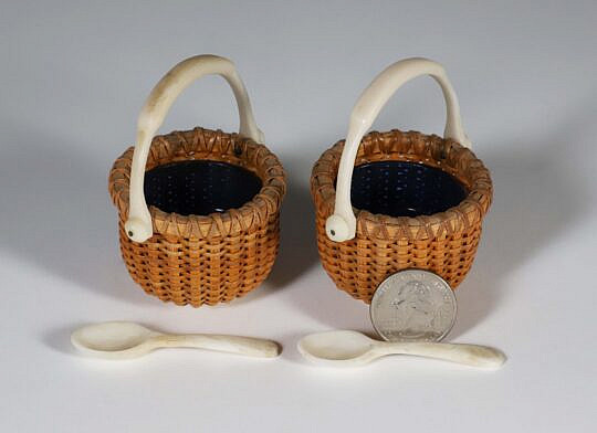 Pair of Paul Willer Nantucket Open Salts with Ivory Handles and Base, cobalt glass liners and spoons, signed Willer