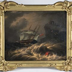 British Oil on Board "Off The Coast In Stormy Seas", in gilt frame