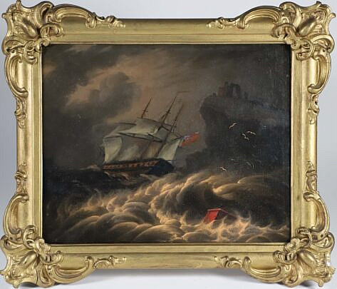 British Oil on Board "Off The Coast In Stormy Seas", in gilt frame