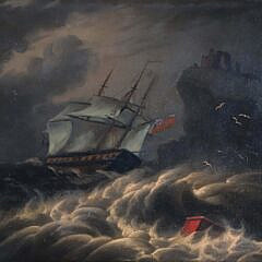 Oil on Board “British Man-O-War Off the Coast in a Gale”, 19th Century