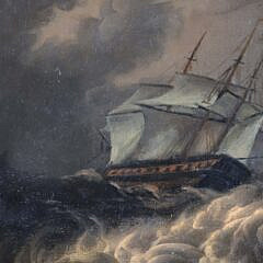 Oil on Board “British Man-O-War Off the Coast in a Gale”, 19th Century
