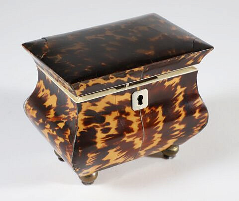 British Regency Antique Tortoiseshell Tea Caddy, 19th Century, the lid opens to reveal a single lidded compartment 