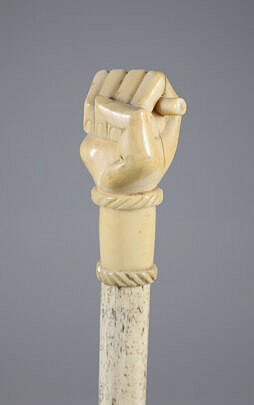 Whaler Made Clenched Fist Walking Stick, 19th Century, antique whale ivory clenched fist on a whalebone shaft