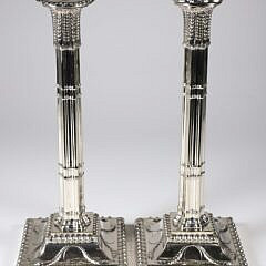 Pair of George III Style Silver Plated Candlestick, by Roberts & Belk, Sheffield (after 1864) with removable drip pans, weighted