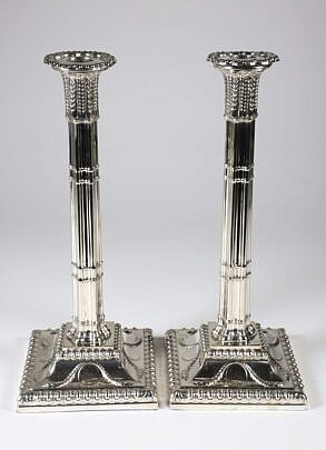 Pair of George III Style Silver Plated Candlestick, by Roberts & Belk, Sheffield (after 1864) with removable drip pans, weighted