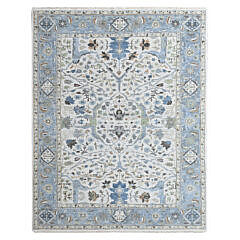 Soft Grey and Blue Oushak Hand Knotted Pure Wool Oriental Rug Carpet with Floral Motifs