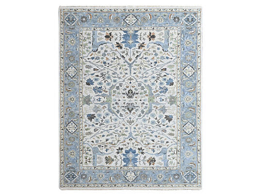 Soft Grey and Blue Oushak Hand Knotted Pure Wool Oriental Rug Carpet with Floral Motifs