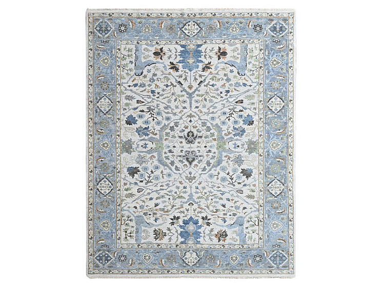 Soft Grey and Blue Oushak Hand Knotted Pure Wool Oriental Rug Carpet with Floral Motifs