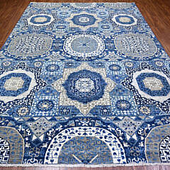 Blue and White Fine Peshawar Mamluk Design Hand Knotted Wool Oriental Carpet Rug