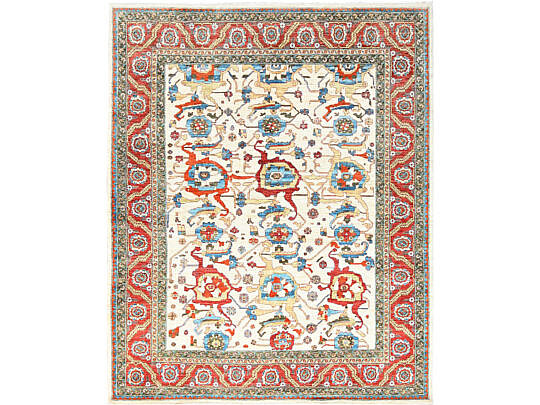 Bone White, Tangerine and Blue Vegetable Dye Heriz Oriental Carpet, 200 Knots Per Square Inch