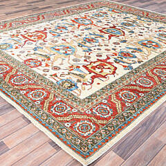 Bone White, Tangerine and Blue Vegetable Dye Heriz Oriental Carpet, 200 Knots Per Square Inch