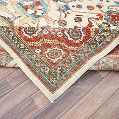 Bone White, Tangerine and Blue Vegetable Dye Heriz Oriental Carpet, 200 Knots Per Square Inch