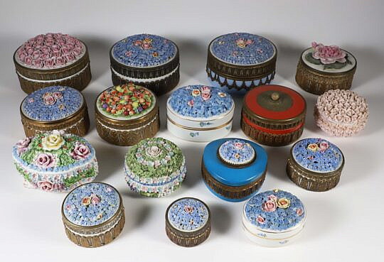 Sixteen Continental Ornately Decorated Porcelain Boxes
