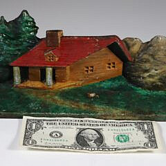 Antique Cast Iron Painted Adirondack Log Cabin Doorstop stamped ds14 on reverse 