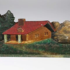 Antique Cast Iron Painted Adirondack Log Cabin Doorstop, stamped DS14 on reverse 