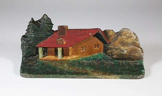 Antique Cast Iron Painted Adirondack Log Cabin Doorstop, stamped DS14 on reverse 