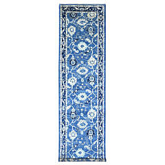 Blue and White angora Oushak Hand Knotted Wool Carpet Runner